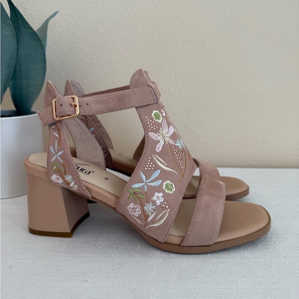 New Azura Blush Embroidered Floral Block Heel Sandals